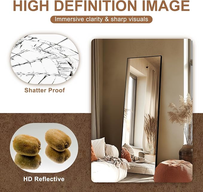 Full Length Mirror with Stand, 69x24 Black Floor Mirror | Aluminium alloy frame with HD float glass for distortion-free reflection. Free standing or wall mounted.