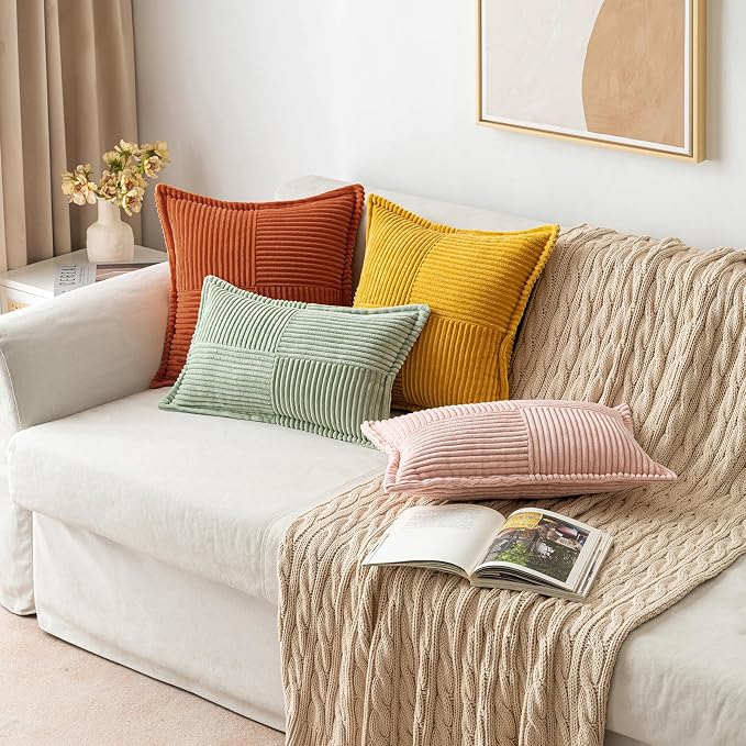 MIULEE Fall Burnt Orange Decorative Euro Sham Throw Pillow Covers 22x22 in | 2 Pack, Terracotta Boho Broadside Striped Patchwork Pillow Covers, Soft Corduroy Cushion Cases, For Bed Couch Sofa Livingroom