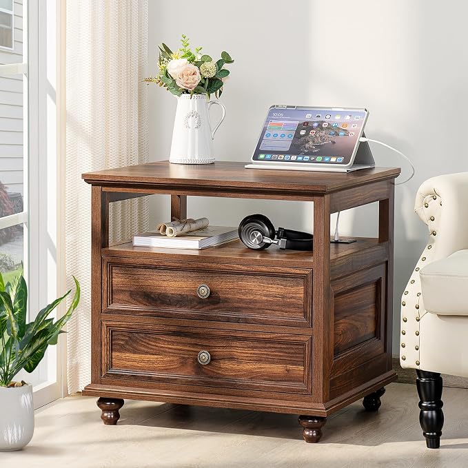 Joaxswe Farmhouse Nightstand with Charging Station, 24" Wide End Table with 2 Drawers,Brown Dresser for Bedroom, Bed Side Table Chest of Drawers Cabinet,Wood Night Stand for Living Room, Closet