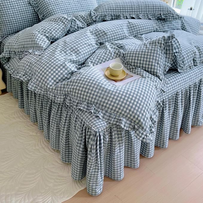 LifeTB Twin XL Comforter Set Blue Gingham Comforter with 2 Pillowcases Ruffle Plaid Grid Pattern Comforter Set for Men Boys Fluffy Soft Lightweight Bedding Boho Plaid Checkered Comforter Twin XL