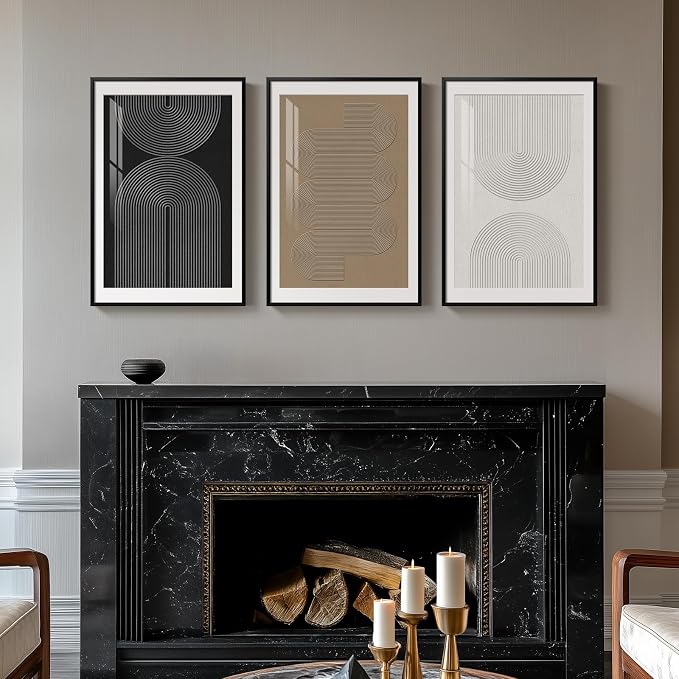 Framed Boho Neutral Abstract Wall Art Set, 3 Piece Canvas Prints, 16x24 In | Modern Minimalist Paintings, Black and White Brown Pictures, Geometric Artwork, Living Room Dining Room Bedroom Wall Decor