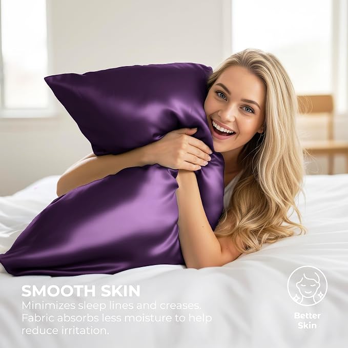 Pure Bedding Satin Pillowcase 2 Pack - Queen Size (20"x30", Purple) - Silky Pillow Cases for Hair and Skin - Satin Pillow Covers with Envelope Closure - Extra Soft Premium Microfiber