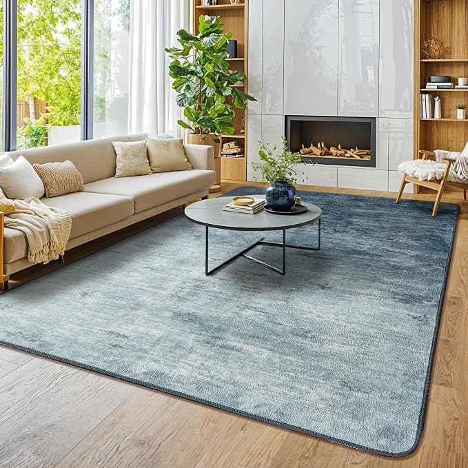5x7 Washable Area Rug, Blue Solid Area Rugs for Living Room & Bedroom | Stain-resistant & Non-slip backing,Low Pile Washable Large Carpet, Solid Vintage Style For High Traffic Areas(5x7,Blue)