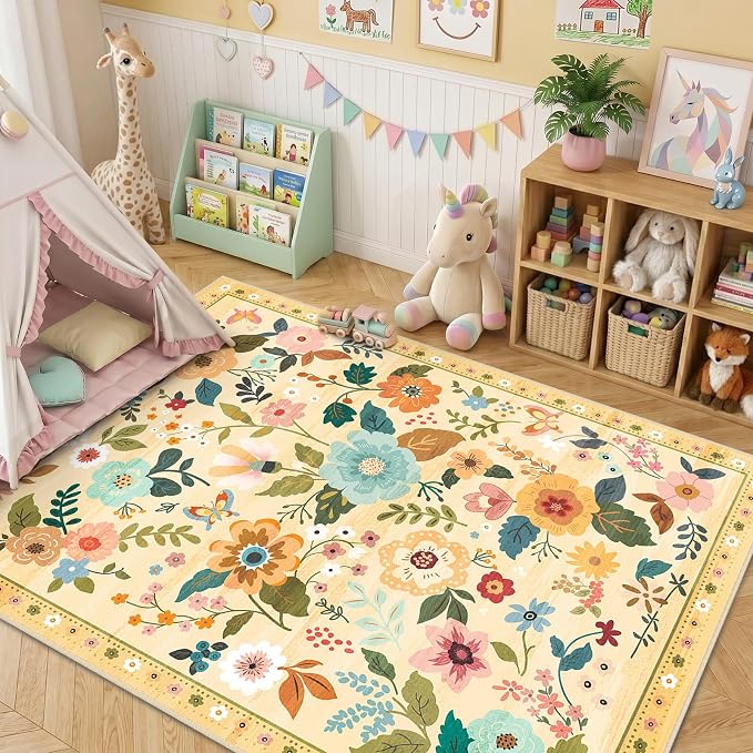 RELEANY Floral Washable 9x12 Area Rugs Yellow/Orange | Flower Carpet, Print, Boho, Non-Slip, Easy to Clean, Soft, Low Pile for Living Room Bedroom Kitchen Office Entryway Hallway