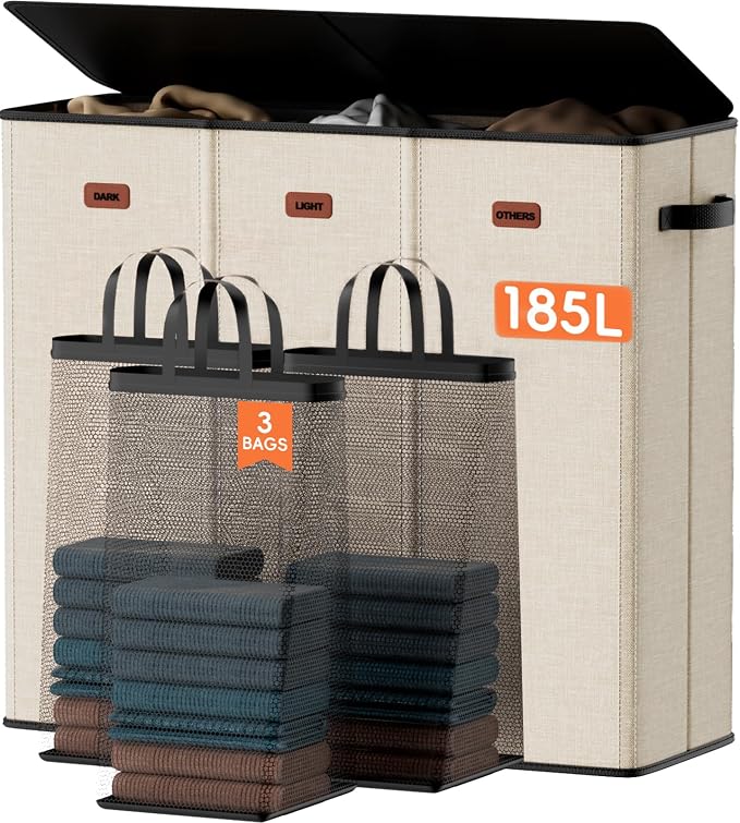 185L Laundry Hamper 3 Section, Laundry Hamper with Lid, Dirty Clothes Hamper with 3 Removable Washing Bags, Extra Large Laundry Basket Organizer for Bedroom, Laundry Room, Dorm - Beige