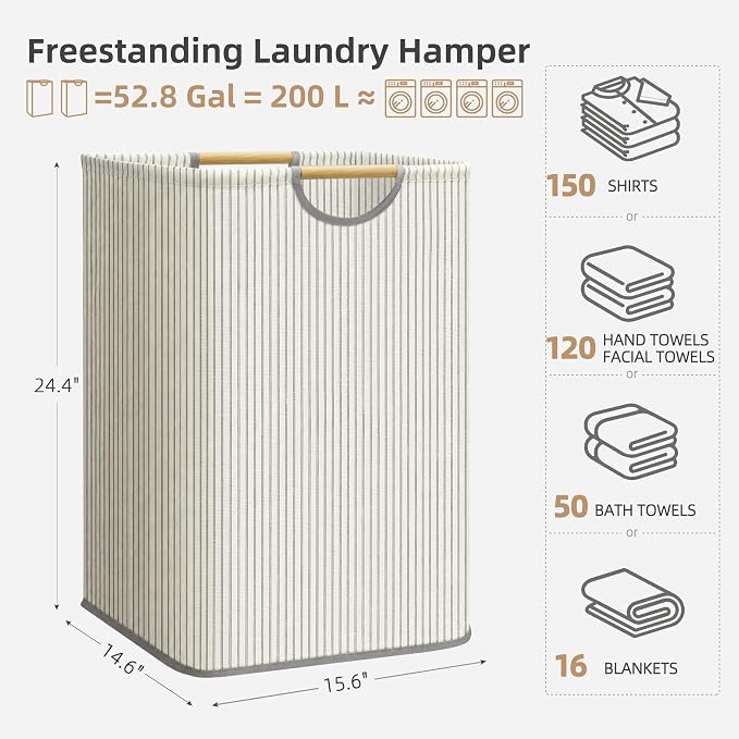 STORAGE MANIAC 2-Pack Large Laundry Hamper, 100L (26.4 Gal) Collapsible Laundry Basket with Bamboo Handles, Freestanding Waterproof Clothes Hamper for Laundry Room, Bedroom, Dorm, Towels, Stripe