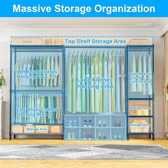 E10 Clothes Rack（With Stretchable Hanger Rod）Freestanding Clothing Racks for Hanging Clothes，Adjustable Closet Organizer System，Portable Garment Rack 73-97"W x 15" D x 72" H，Max Load 800LBS，Black