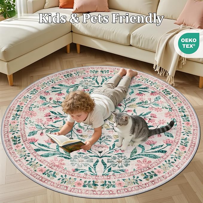 PLHXFR Round Area Rug Living Room: 6 ft Floral Washable Carpet Pink Green | For Bedroom Dining Room Farmhouse Nursery Hallway,Vintage Floral,Machine washable,Non Slip,Stain Resistant,Large Indoor