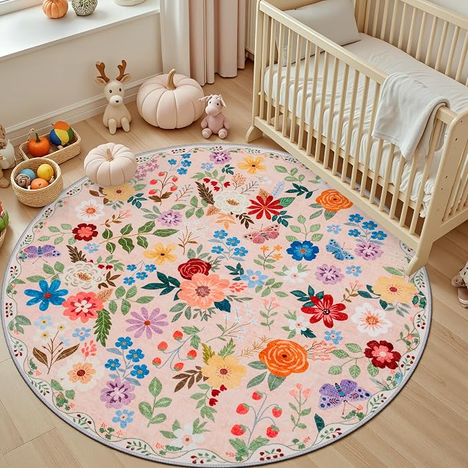 PLHXFR Round Area Rug Living Room: 6 ft Floral Washable Soft Carpet Beige | For Bedroom Dining Room Farmhouse Nursery Hallway,Vintage Floral,Machine washable,Non Slip,Stain Resistant,Large Indoor