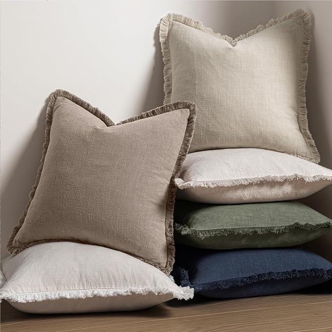MIULEE Linen Fringe Decorative Fall Euro Throw Pillow Covers Dune 22x22 | Set of 2, Cottagecore Decor, Boho Farmhouse Neutral Pillow Covers, Rustic Fall Couch Cushion Cases for Sofa Bed Living Room