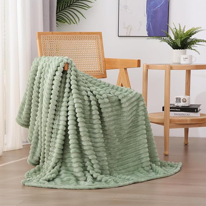 Sage Green Fleece Throw Blanket 50”×60” for Couch Sofa Livingroom | Super Soft Cozy Plush Microfiber Flannel Bed Blanket Striped Design Lightweight Home Decor Gifts for Adults Mom Women
