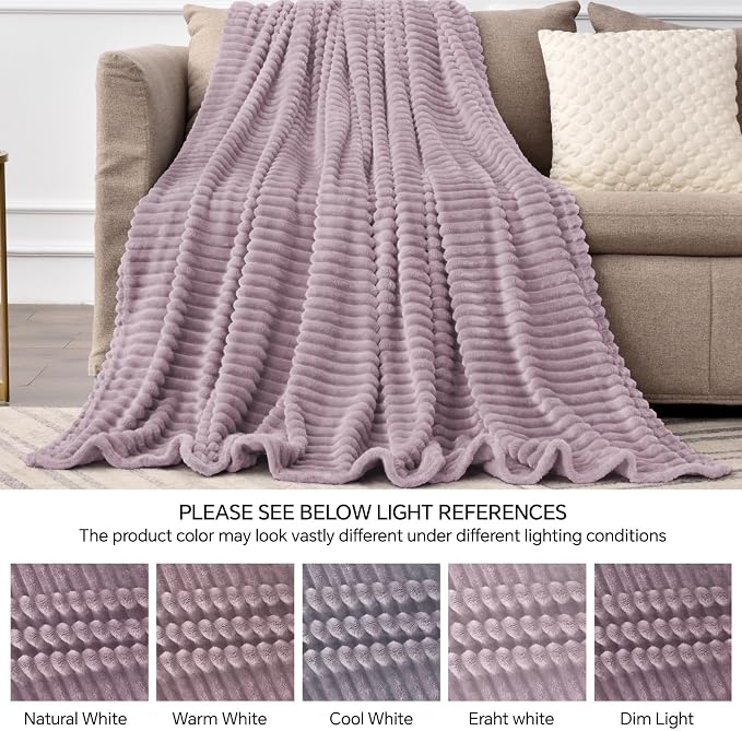 BEDELITE 3D Ribbed Dusky Violet Fleece Twin Blanket for Couch, 60x80 Inch | Soft Warm Fluffy Throw Blanket for Bed Sofa College Dorm Room Decor, Luxury Cozy Plush Gifts for Women Girls, Lightweight