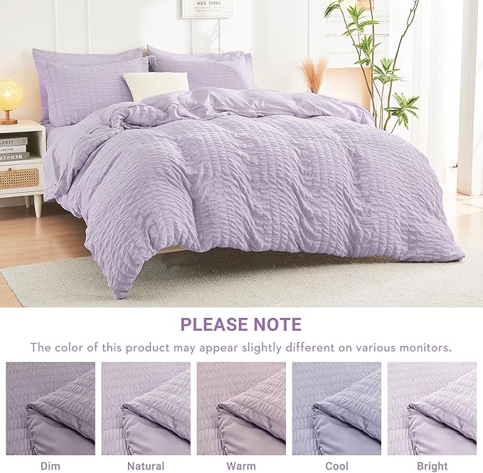 HYMOKEGE Lavender Oversized Queen Comforter Set Seersucker 7 Pieces, All Season Luxury Bed in a Bag for Bedroom, Bedding Set with Comforter, Sheets, Pillowcases & Shams