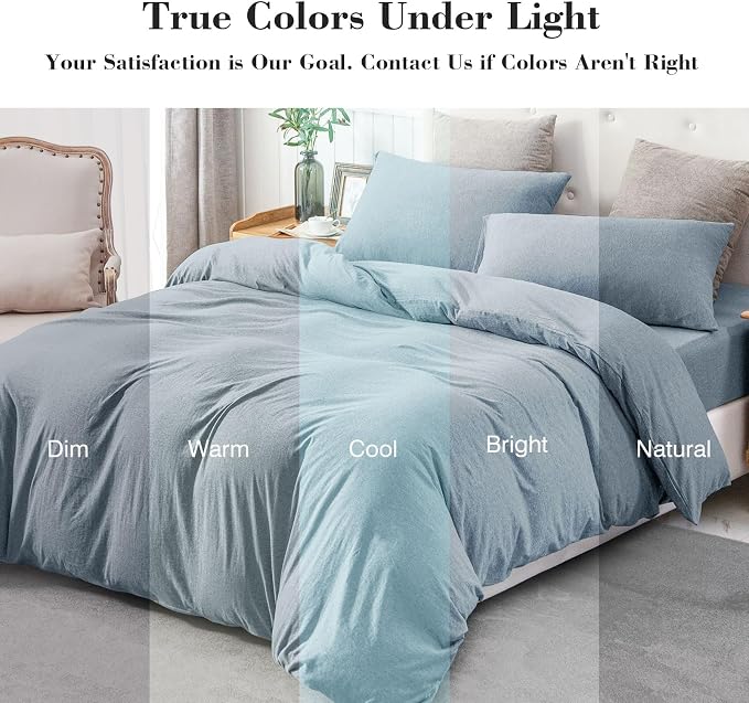 PURE ERA Jersey Knit Sheet Set Heather Blueish Grey California King | 100% Cotton, 3 Piece Set, T Shirt Soft, Breathable, Envelope Closure Pillowcases, Hidden Zipper, 8 Ties, No Insert, Modern