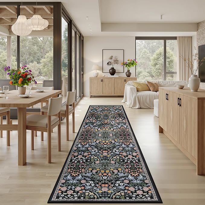 PLHXFR 2.6x10 Washable Runner Rug：Floral Indoor Kitchen Carpet Dark Black | For Hallway Bedroom Kitchen Laundry Bathroom Dorm,Vintage Floral,Machine washable,Non Slip,Stain Resistant,Indoor Floor