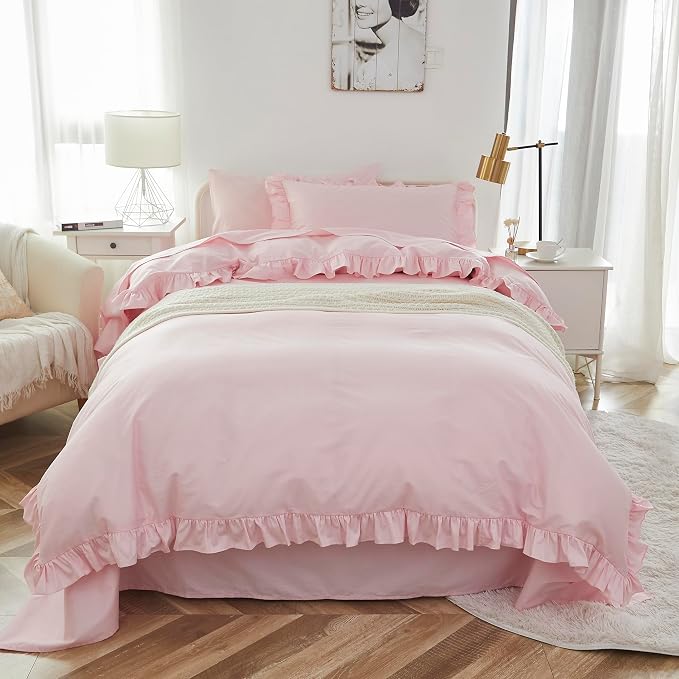 Brandream Kid's Duvet Cover Full/Queen Size,100% Organic Cotton 3Piece Girl Bedding Duvet Cover Set, Ruffled Fringe Solid Color Soft Breathable with Zipper Closure & Corner Ties(Pink)
