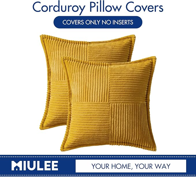 MIULEE Decorative Throw Pillow Covers for Couch 18x18 Inch Mustard Yellow | Boho Broadside Striped Patchwork Pillow Covers, Soft Corduroy Cushion Cases, For Sofa Bed Livingroom Home Decor