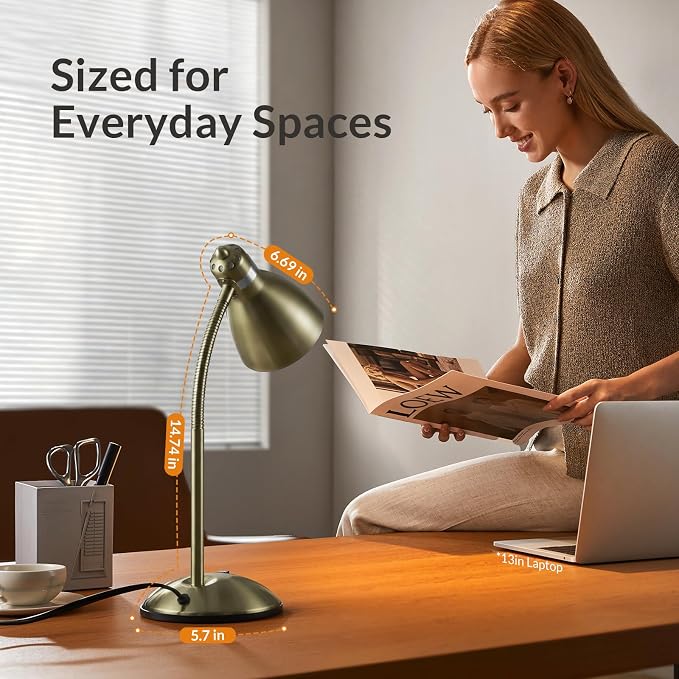 LEPOWER Metal Desk Lamp, Adjustable GooseNeck Reading Light for Bedroom | Compact & Sturdy, Space-Saving for Bedside & Dorm, E26 Table Lamp, Eye-Caring, Ideal for Study, Office, Back to School