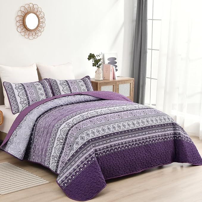 WONGS BEDDING Boho Quilt Queen Size,3 Pcs Purple Bedspread Bedding Set | Colorful Bohemian Striped Printed Bedding for All Season, Lightweight Microfiber Coverlet Set with 2 Pillowcases(96"x90")
