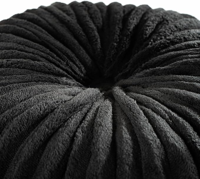 HIG Set of 2 Black Flannel Decorative Round Pleated Throw Pillows | Vintage Floor Pillows, Classy Accent Pumpkin with Center Button, for Sofa Couch Vanity Chair Bed, 14.5" Diameter