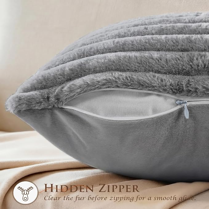 Pack of 2 Throw Pillow Covers 20x12 Decorative Solid Plush Faux Fur with Soft Velvet Back, Square Striped Cushion Cases Modern Farmhouse Home Decor for Living Room Couch Sofa Bed Dark Gray