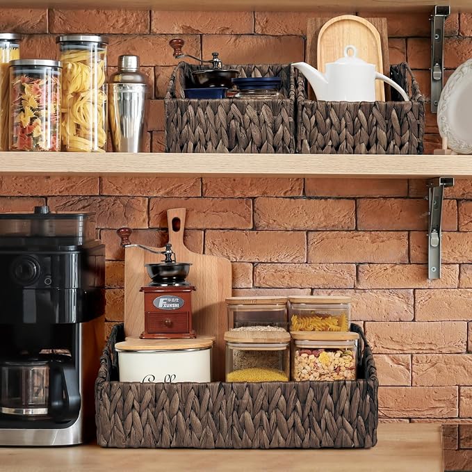 Pantry Baskets Organization, Wicker Basket for Shelf Black | Handwoven Pantry Organizers and Storage with Built-in Handles, Laundryroom Organization Storage Bins for Snack Cans