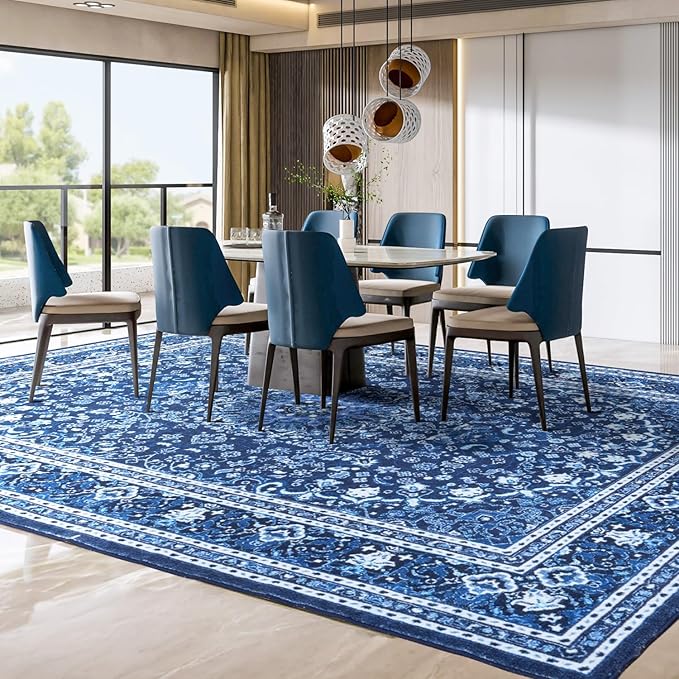 8 x 10 Area Rugs for Living Room, Washable Bedroom Large Rug Blue | Boho Low Pile Rug for Dining Room, Floral Medallion Vintage Carpets with Non-Slip Backing, Kids Pet Friendly, Fit All Vacuums