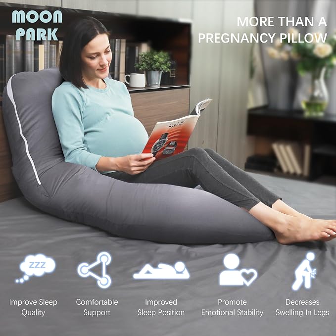 MOON PARK Pregnancy Pillows for Sleeping - U Shaped Full Body Maternity Pillow with Removable Cover - Support for Back, Legs, Belly, Hips - 57 Inch - Dark Grey - Cooling Cover