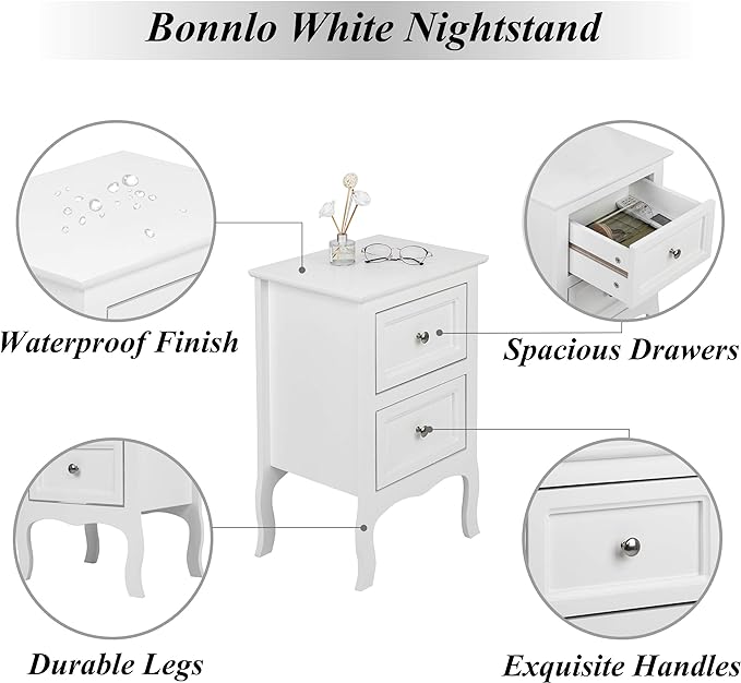 Bonnlo White Nightstand Set of 2, Nightstands with 2 Drawers, Bed Side Table/Night Stand, Small Nightstand for Bedroom, Small Spaces, College Dorm, Kids’ Room, Living Room, Wood, 16W x 12D x 24H