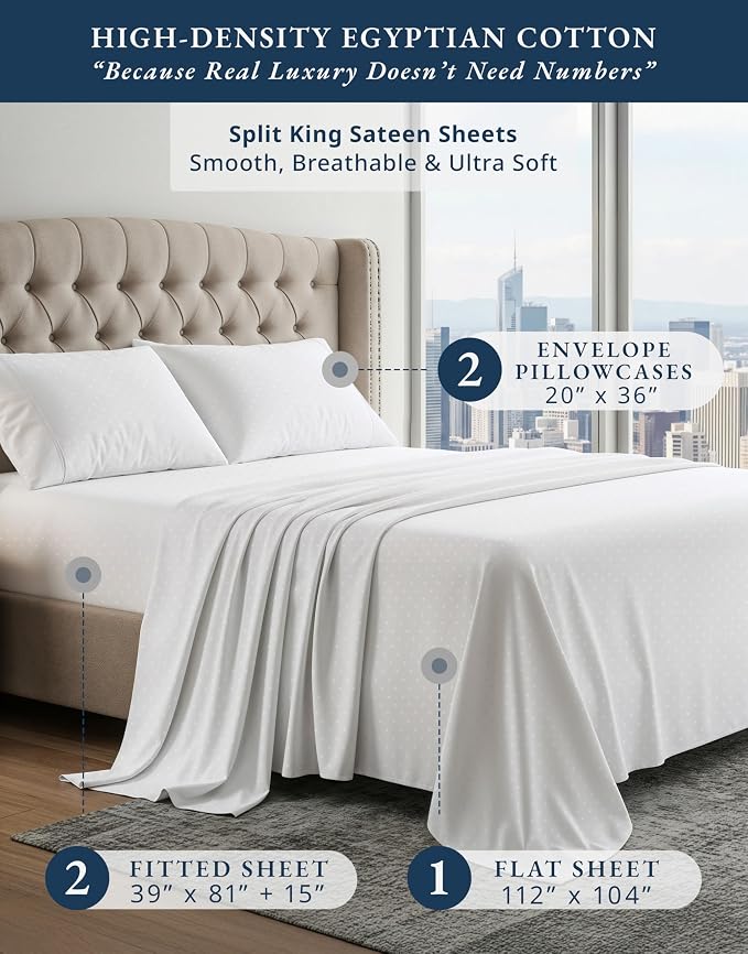 LANE LINEN Split King Top Split Sheets Adjustable Bed Sateen Weave - White | Split King Adjustable Bed Sheets - 5-Piece Set, For A Luxurious Night's Sleep, For A Silky Hotel-Style Bed, Elegant