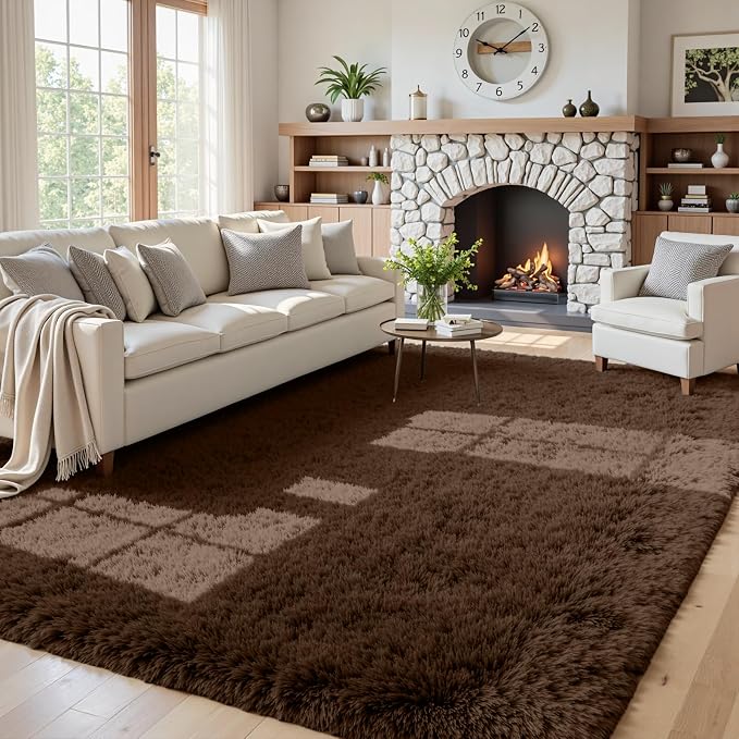 5x7 Fluffy Shag Area Rugs for Living Room Bedroom: Soft Plush Carpet Brown | Upgraded Non-Slip Thick Memory Foam, Ultra Soft, Non-Shedding Fuzzy Carpet, Easy Clean Decor for Kids Room, Nursery, Playroom