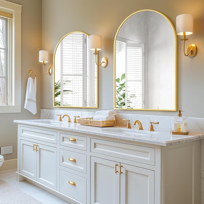 Arched Bathroom Mirror for Wall, 40" x 28" Metal Frame Vanity Mirror, Gold | Aluminium Alloy Frame, HD Shatterproof Glass, for Bathroom Over Sink , Entryway, Bedroom, Living Room