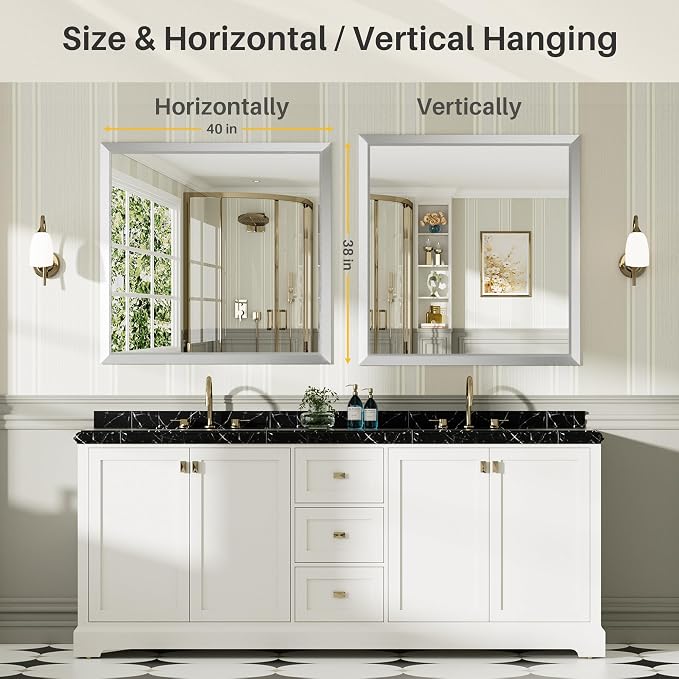 Bathroom Wall Mirror, Silver Brushed Nickel Metal Frame, 40x38 Inch | Anti-rust, HD tempered glass, for bathroom vanity, bedroom, living room, horizontal or vertical mount