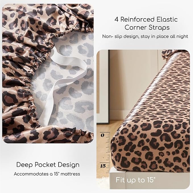MR&HM Satin Sheets Queen Size with Elastic Corner Straps, Brown Leopard | Similar to Silk, 6-Piece Silky Soft Bed Sheet Set, Gentle on Skin and Hair, 15" Deep Pocket, Cooling & Breathable