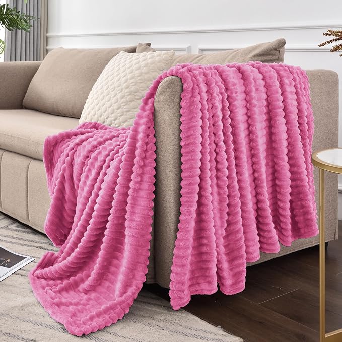 BEDELITE 3D Ribbed Hot Pink Fleece Throw Blanket for Couch, 50x60 Inch | Soft Warm Decorative Fluffy Blanket, Cozy Plush Lightweight Fuzzy Throw Blanket for Bed Sofa Home Room Decor, Gift for Women
