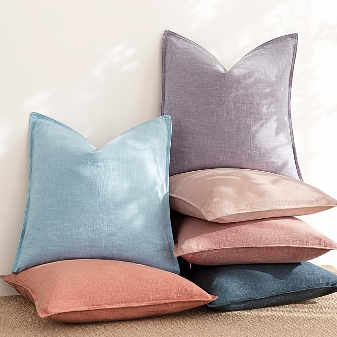 Foindtower Linen Solid Decorative Throw Pillow Covers 22x22 Inch Light Blue | Pack of 2 Boho Farmhouse Morden Pillowcase,Accent Rustic Cushion Covers,Home Decor for Chair Couch Sofa Bedroom Living Room