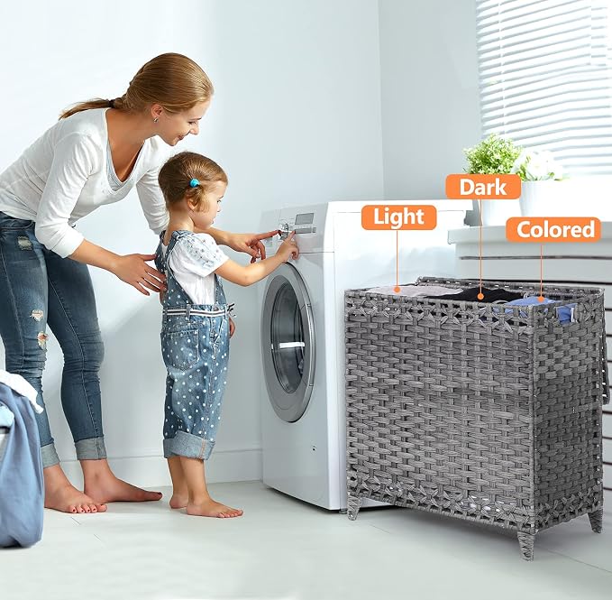 Laundry Hamper with 3 Removable Liner Bags, 132L Laundry Sorter with Lid | Raised Feet; Side Carry Handles; Handwoven PP Rattan; Rust-Resistant Iron Frame; Decorative Woven Design