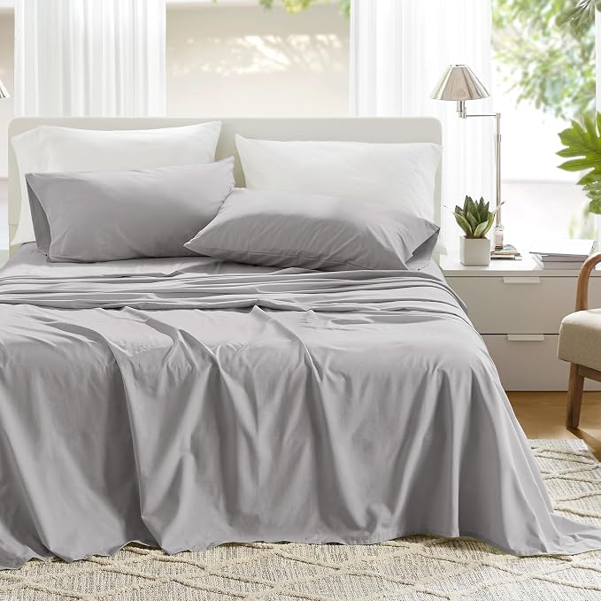 Comfort Spaces 100% Cotton Percale Sheets Queen Sheet Set 4 Piece, Grey | Crisp, Cool & Breathable Bed Sheets, 14" Deep Pocket Fits Up to 16" Mattress, Lightweight, All Season Cozy, with Pillow Case