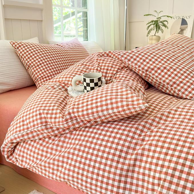 LifeTB Gingham Comforter Set King Modern Style Plaid Checkered Comforter Fluffy Soft Red Orange Grid Bedding Set Lightweight Gingham Bedding Comforter Farmhouse Checkered Comforter Set