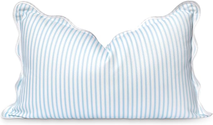 Hofdeco Premium Coastal Patio Indoor Outdoor Scalloped Lumbar Pillow Cover Only, 12"x20" Water Repellent for Backyard, Couch, Baby Blue Print Stripes