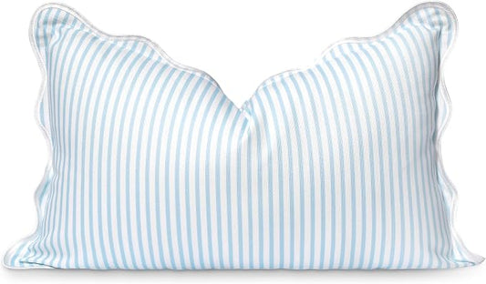 Hofdeco Premium Coastal Patio Indoor Outdoor Scalloped Lumbar Pillow Cover Only, 12"x20" Water Repellent for Backyard, Couch, Baby Blue Print Stripes