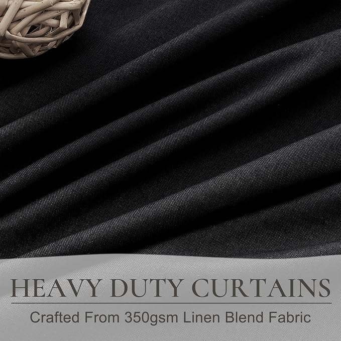 Black Blackout Curtains 92 Inches Long 2 Panel Set, Sun Blocking Curtain for Bedroom Modern Black Window Linen Drapes for Winter Thermal Insulated Pleated with Heading Tape Pin Hooks (W50"xL92")