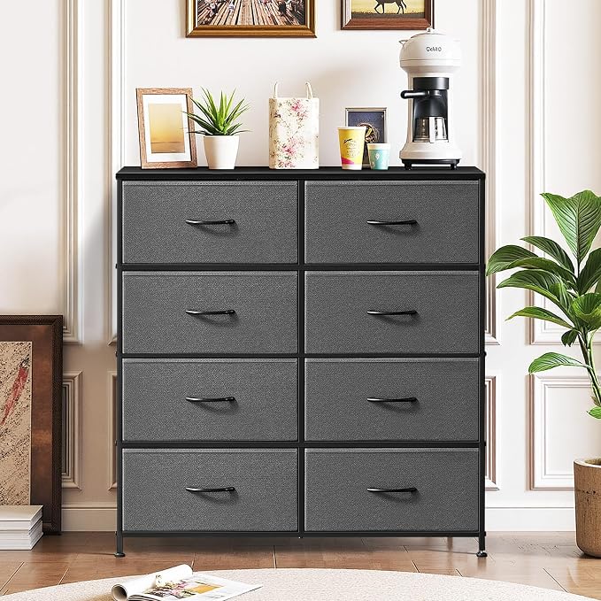 8-Drawer Dresser for Bedroom, Anti-Tip Tall Storage Organizer | Chest of Drawers with Wooden Top and Metal Frame Fabric Bins for Closet, Living Room, Hallway, Entryway, Gray