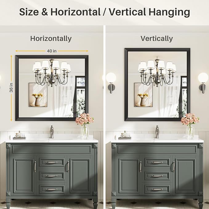 Black Metal Framed Bathroom Wall Mirror, 40x36 Inch | Anti-rust, HD tempered glass, for bathroom vanity, bedroom, living room, horizontal or vertical mount