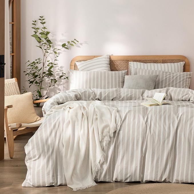 BESTOUCH Striped Cotton Duvet Cover Set Linen Feel California King | 100% Washed Cotton, Soft Wrinkle Texture, Hidden Zipper, 8 Ties, Breathable Lightweight Durable Comfy, 3 Pcs No Insert