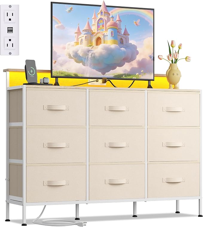 WLIVE Dresser TV Stand 9 Drawers, Fabric Chest of Drawers LED Lights, Cream | Cream 9-drawer dresser TV stand fits 55in TV with RGB LED lights and charging station, fabric media console for living room
