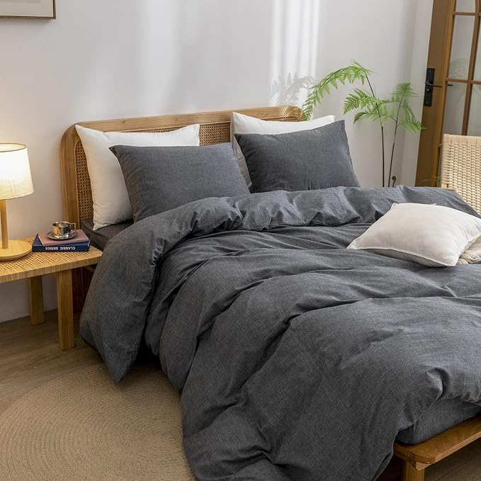 BESTOUCH Cotton Solid Duvet Cover Set Linen Feel Dark Black Queen | 100% Washed Cotton, Soft Wrinkle Texture, Hidden Zipper, 8 Ties, Breathable Lightweight Durable Comfy, 3 Pcs No Insert