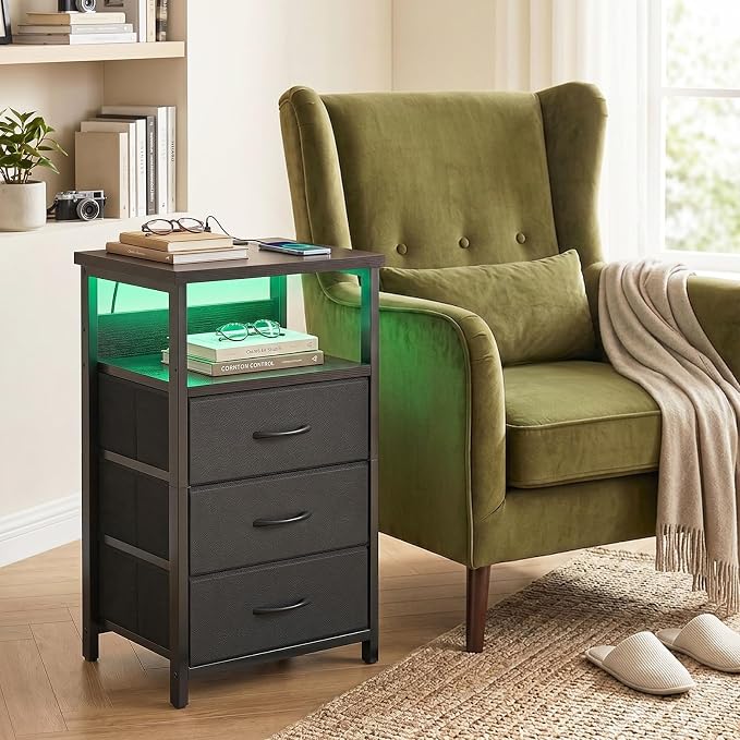 Fixwal Night Stand with 3 Drawers, Black Nightstand with Charging Station | led lights, built-in bedside charger, 2 AC outlets & 2 usb ports, 2 wooden shelves, fabric drawers, bedroom furniture