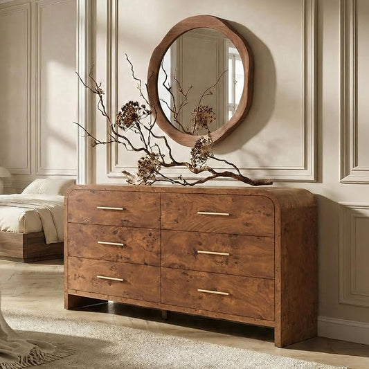 Curved 6-Drawer Dresser for Bedroom, 54" Wide Modern Chest of Drawers, Vanity Desk TV Stand for Living Room, Closet Storage Drawers Organizer Furniture, Nursery, Dark Burl