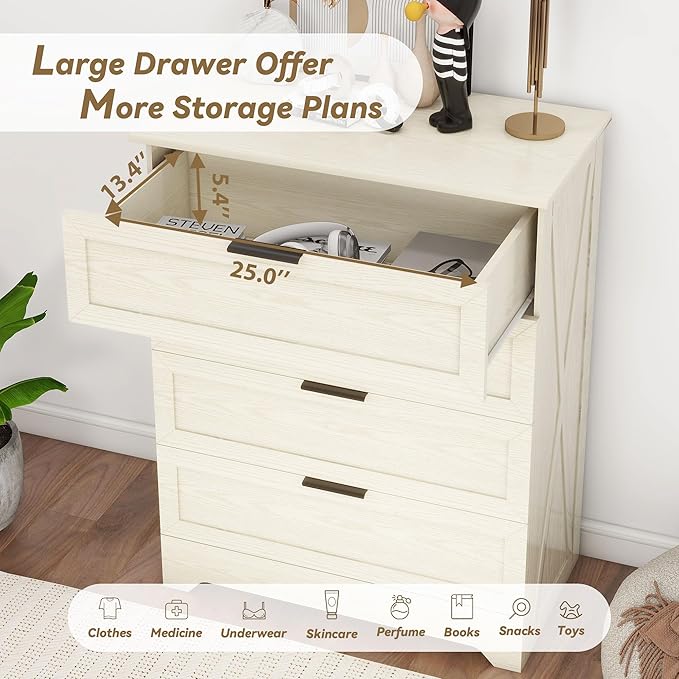 4 Closet Dresser, Farmhouse Dressers & Chests of Drawers, Light Oak | Wooden Storage Cabinet with Large Storage, Tall Dresser and Organizer with Anti-Tip Kit for Office, Living Room, Entryway